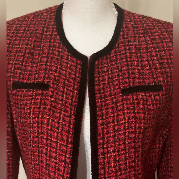 Alfred Dunner Petite Red and Black Tweed Open-Front Blazer - Picture 2 of 8